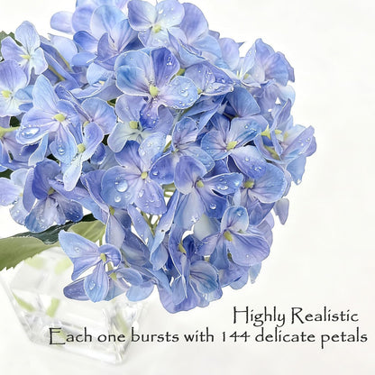 Hydrangea Artificial Flowers with Vase Real Touch Silk Faux Hydrangea Floral Arrangement in Glass Vase Fake Hydrangea Stems Plant Bouquet for Office Coffee Table Centerpieces Home Decor