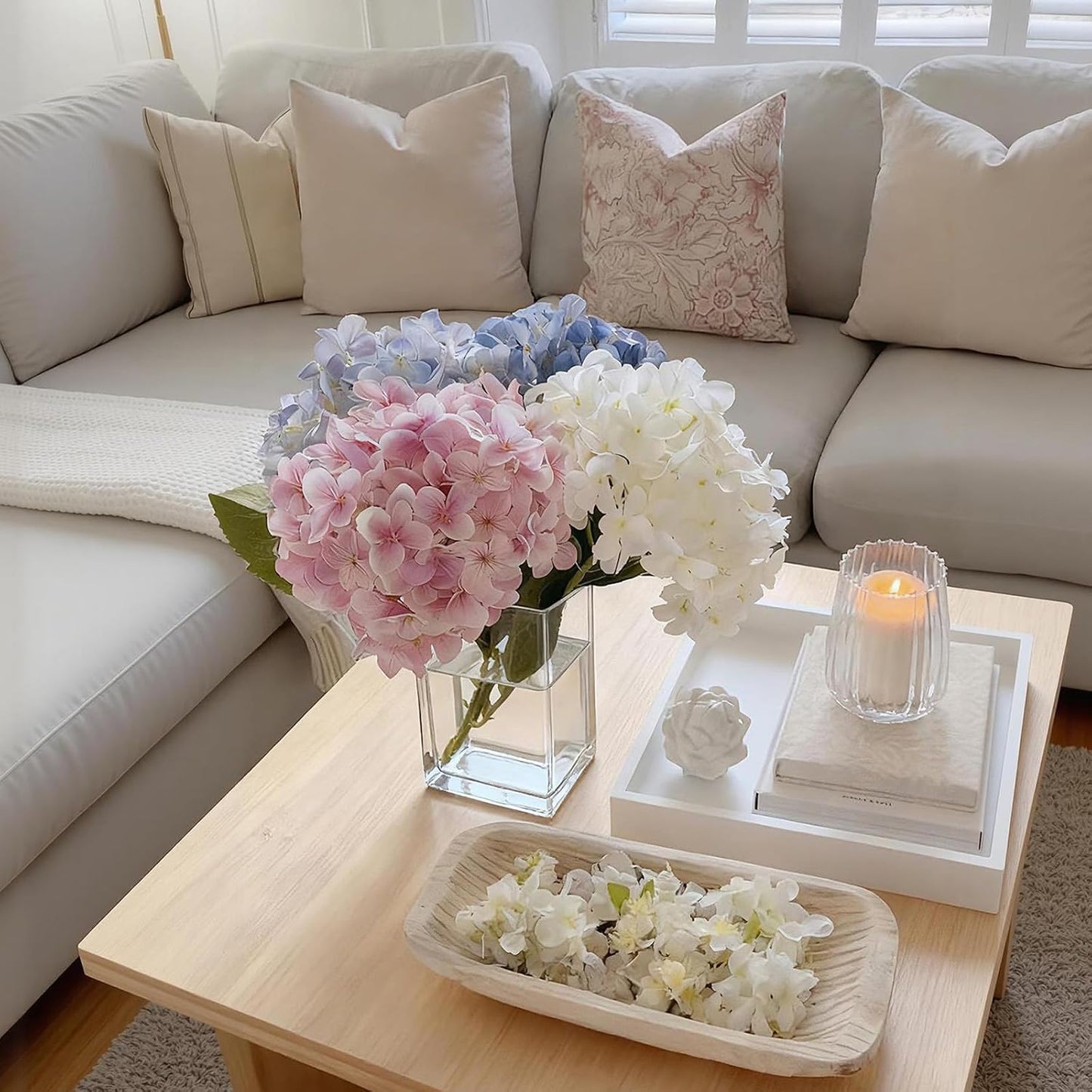 Hydrangea Artificial Flowers with Vase Real Touch Silk Faux Hydrangea Floral Arrangement in Glass Vase Fake Hydrangea Stems Plant Bouquet for Office Coffee Table Centerpieces Home Decor