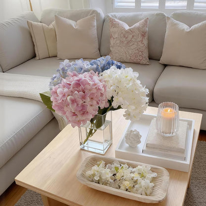 Hydrangea Artificial Flowers with Vase Real Touch Silk Faux Hydrangea Floral Arrangement in Glass Vase Fake Hydrangea Stems Plant Bouquet for Office Coffee Table Centerpieces Home Decor