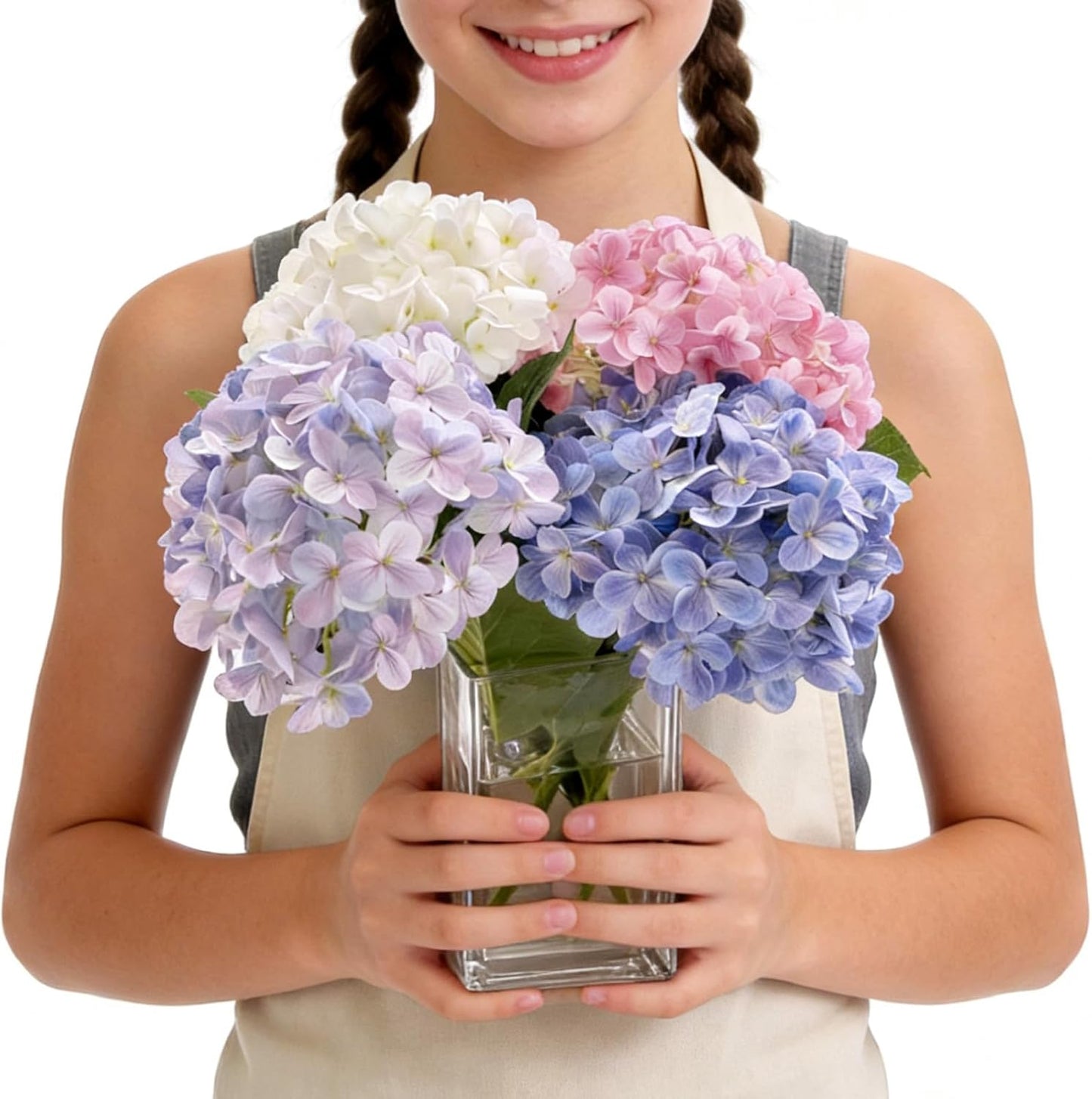 Hydrangea Artificial Flowers with Vase Real Touch Silk Faux Hydrangea Floral Arrangement in Glass Vase Fake Hydrangea Stems Plant Bouquet for Office Coffee Table Centerpieces Home Decor