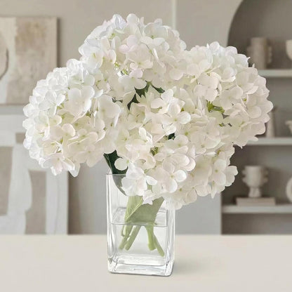 Hydrangea Artificial Flowers with Vase Real Touch Silk Faux Hydrangea Floral Arrangement in Glass Vase Fake Hydrangea Stems Plant Bouquet for Office Coffee Table Centerpieces Home Decor