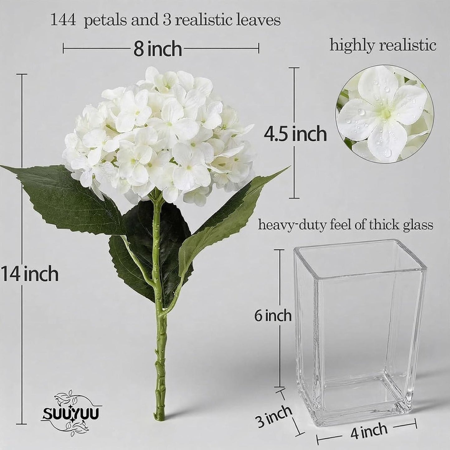 Hydrangea Artificial Flowers with Vase Real Touch Silk Faux Hydrangea Floral Arrangement in Glass Vase Fake Hydrangea Stems Plant Bouquet for Office Coffee Table Centerpieces Home Decor