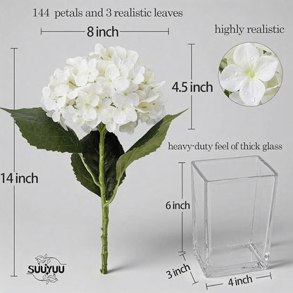 Hydrangea Artificial Flowers with Vase Real Touch Silk Faux Hydrangea Floral Arrangement in Glass Vase Fake Hydrangea Stems Plant Bouquet for Office Coffee Table Centerpieces Home Decor