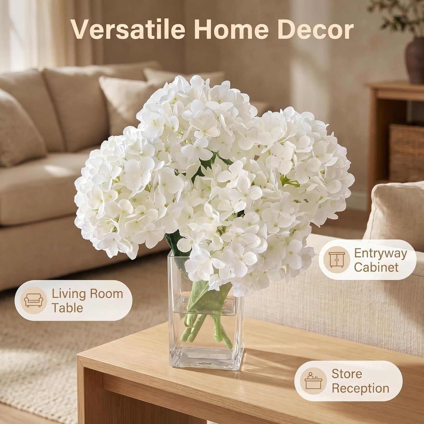 Hydrangea Artificial Flowers with Vase Real Touch Silk Faux Hydrangea Floral Arrangement in Glass Vase Fake Hydrangea Stems Plant Bouquet for Office Coffee Table Centerpieces Home Decor