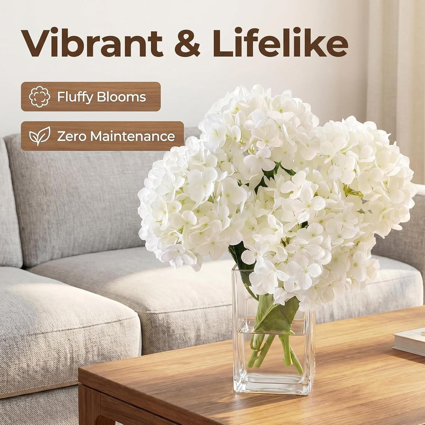 Hydrangea Artificial Flowers with Vase Real Touch Silk Faux Hydrangea Floral Arrangement in Glass Vase Fake Hydrangea Stems Plant Bouquet for Office Coffee Table Centerpieces Home Decor