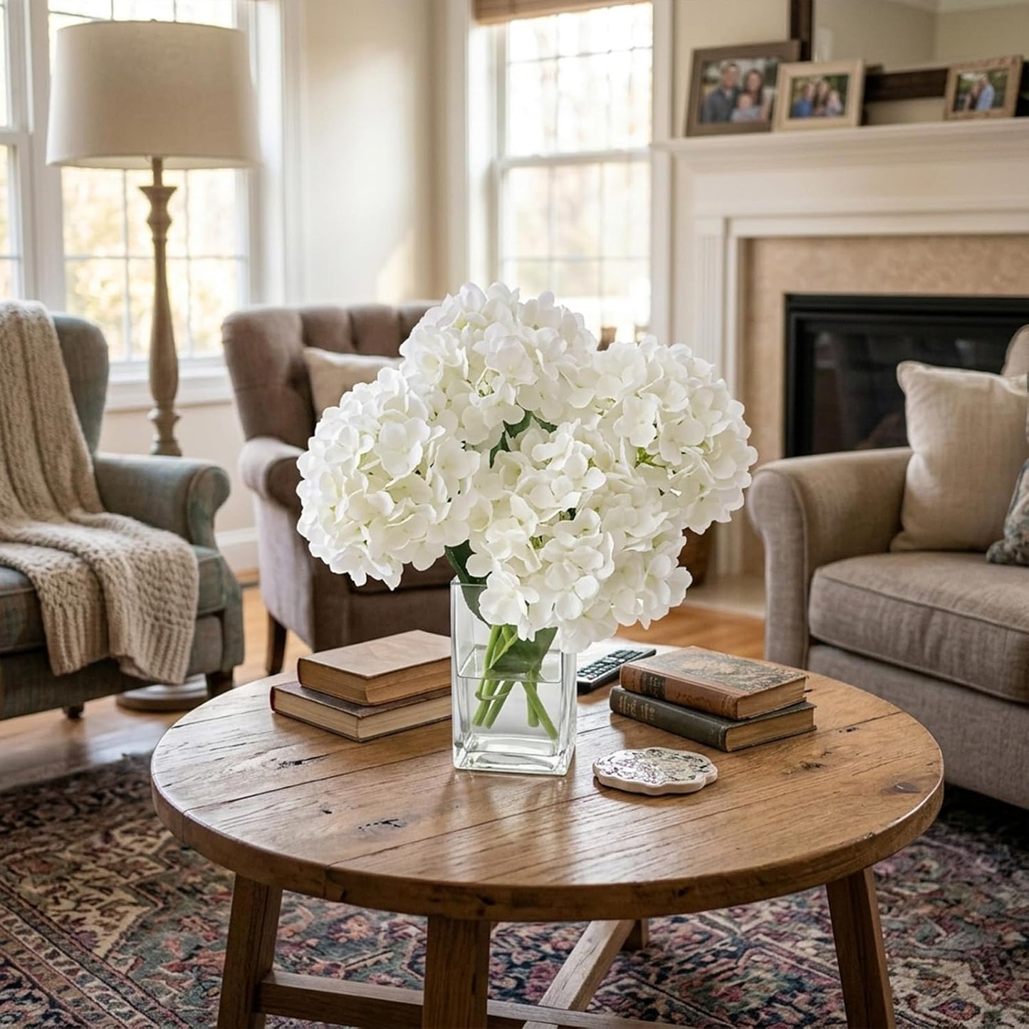 Hydrangea Artificial Flowers with Vase Real Touch Silk Faux Hydrangea Floral Arrangement in Glass Vase Fake Hydrangea Stems Plant Bouquet for Office Coffee Table Centerpieces Home Decor