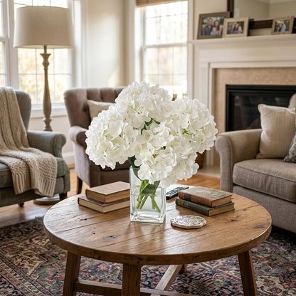 Hydrangea Artificial Flowers with Vase Real Touch Silk Faux Hydrangea Floral Arrangement in Glass Vase Fake Hydrangea Stems Plant Bouquet for Office Coffee Table Centerpieces Home Decor