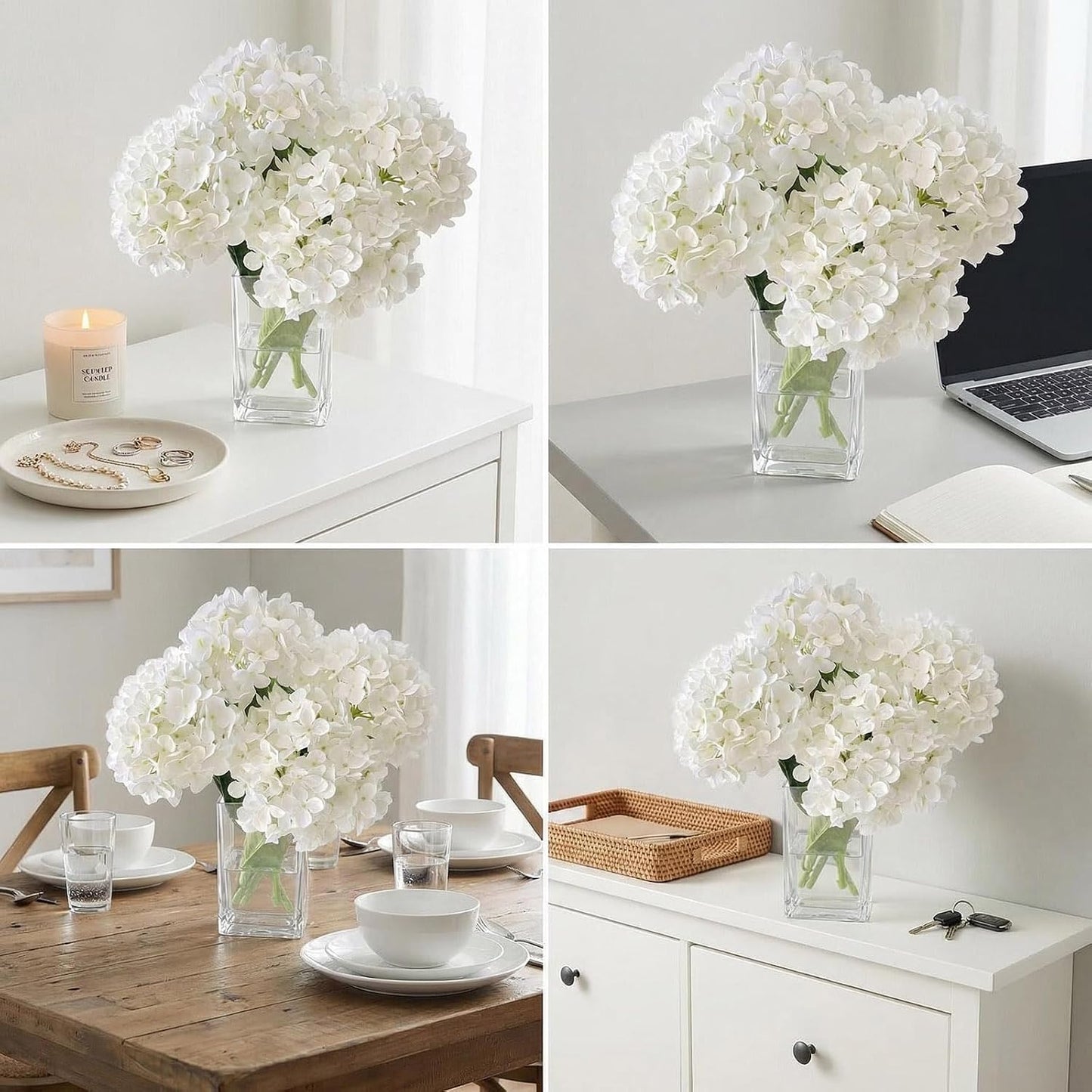 Hydrangea Artificial Flowers with Vase Real Touch Silk Faux Hydrangea Floral Arrangement in Glass Vase Fake Hydrangea Stems Plant Bouquet for Office Coffee Table Centerpieces Home Decor