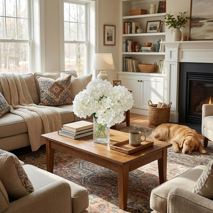 Hydrangea Artificial Flowers with Vase Real Touch Silk Faux Hydrangea Floral Arrangement in Glass Vase Fake Hydrangea Stems Plant Bouquet for Office Coffee Table Centerpieces Home Decor