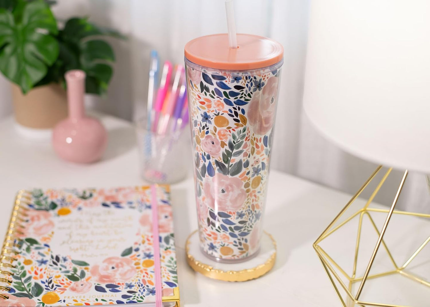 SH00058 Bright Yellow Lemon Love Citrus 24 ounce Acrylic Travel Tumbler with Straw For Iced Coffee or Water