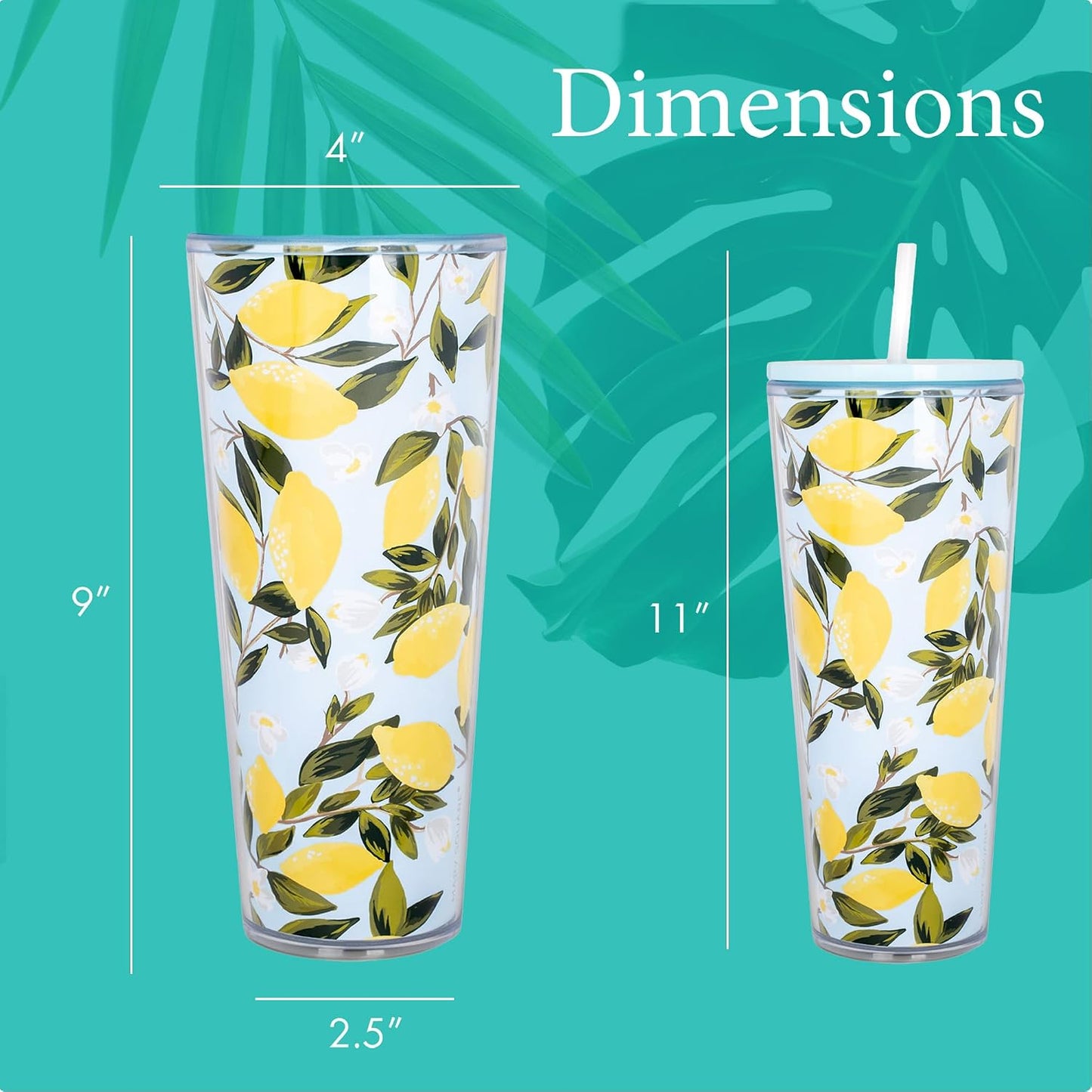 SH00058 Bright Yellow Lemon Love Citrus 24 ounce Acrylic Travel Tumbler with Straw For Iced Coffee or Water