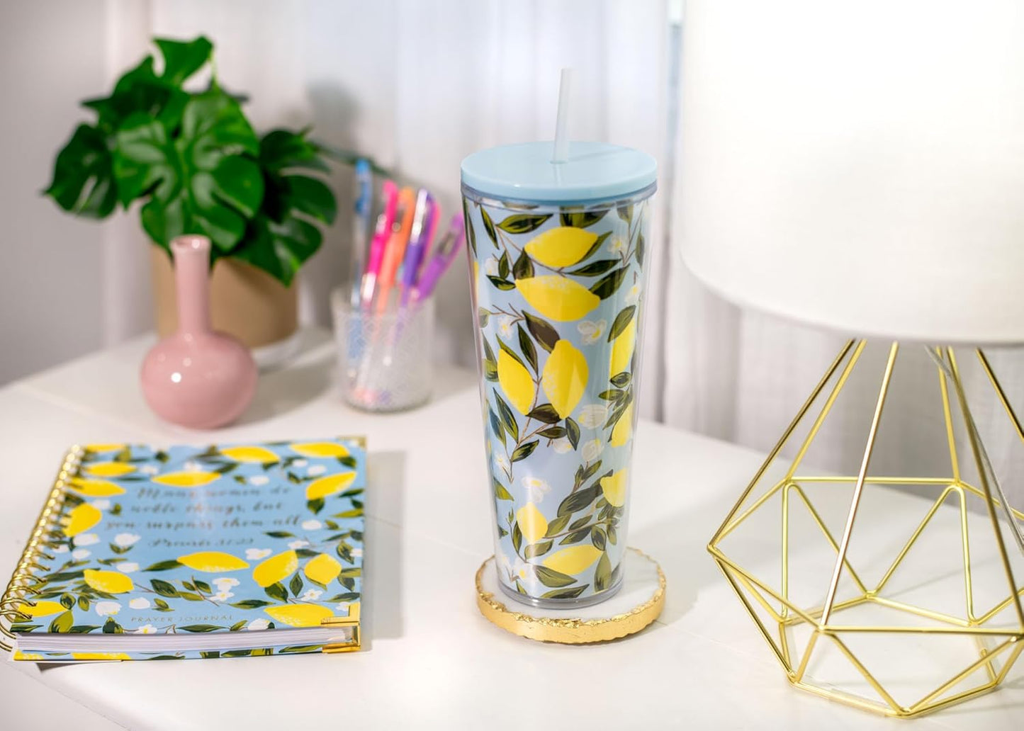 SH00058 Bright Yellow Lemon Love Citrus 24 ounce Acrylic Travel Tumbler with Straw For Iced Coffee or Water