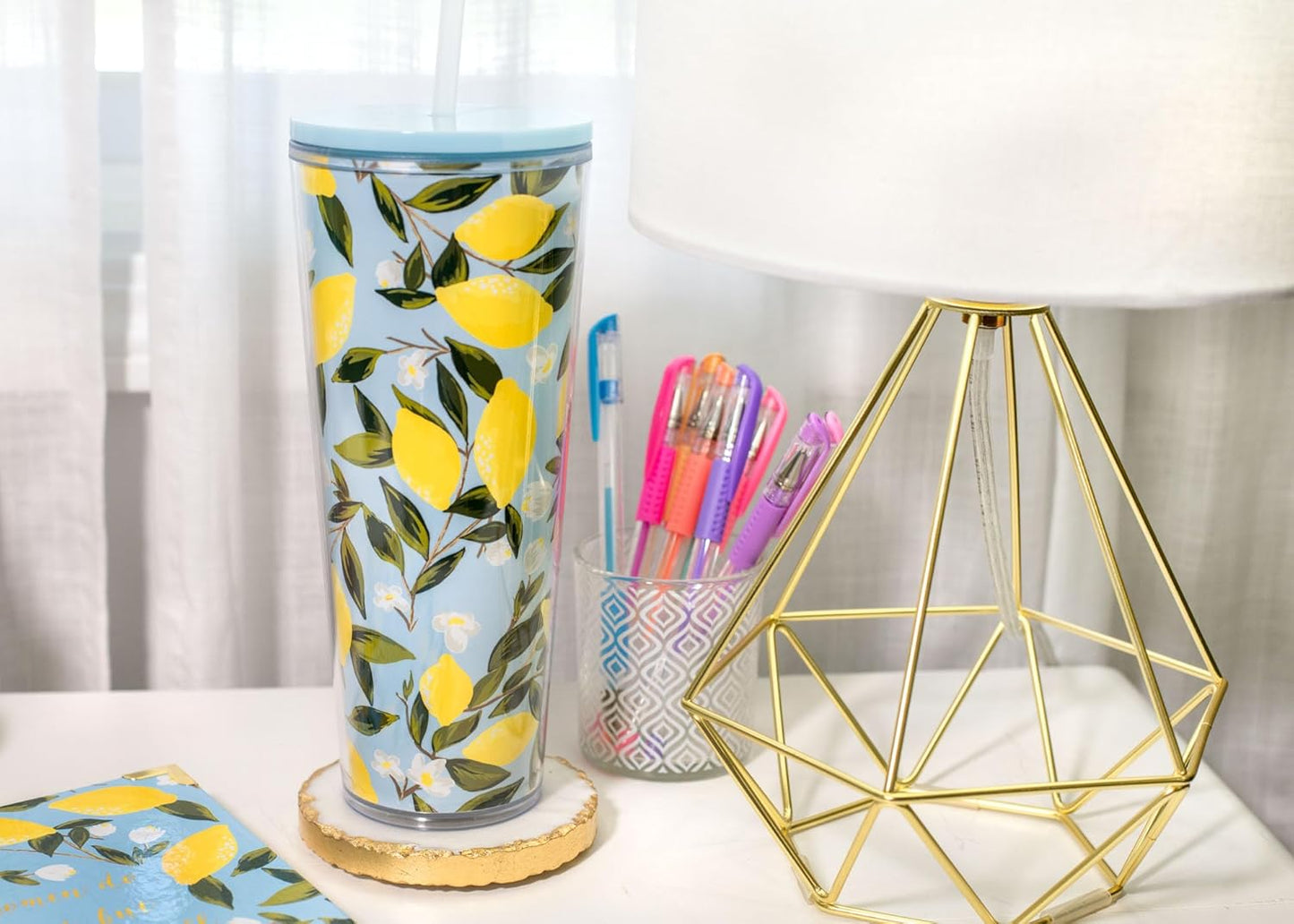 SH00058 Bright Yellow Lemon Love Citrus 24 ounce Acrylic Travel Tumbler with Straw For Iced Coffee or Water