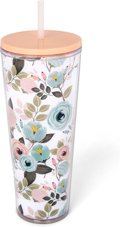 SH00058 Bright Yellow Lemon Love Citrus 24 ounce Acrylic Travel Tumbler with Straw For Iced Coffee or Water