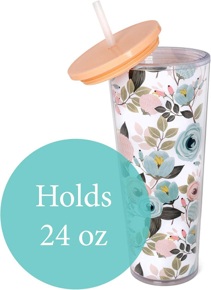 SH00058 Bright Yellow Lemon Love Citrus 24 ounce Acrylic Travel Tumbler with Straw For Iced Coffee or Water