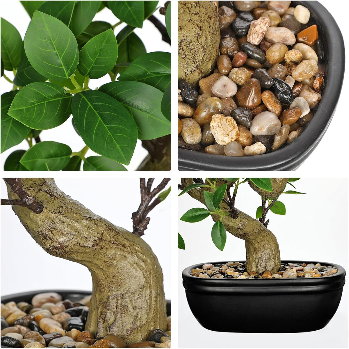Artificial Bonsai Tree 12.9 Inch Faux Ficus Plant in Ceramic Pot with Pebbles Fake Green Potted Plant for Home Office Desk Decor Indoor Zen Table Centerpiece, Small Artificial Plants for Living Room