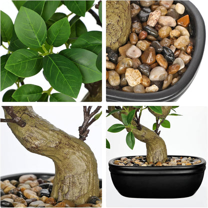 Artificial Bonsai Tree 12.9 Inch Faux Ficus Plant in Ceramic Pot with Pebbles Fake Green Potted Plant for Home Office Desk Decor Indoor Zen Table Centerpiece, Small Artificial Plants for Living Room