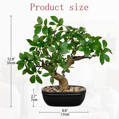 Artificial Bonsai Tree 12.9 Inch Faux Ficus Plant in Ceramic Pot with Pebbles Fake Green Potted Plant for Home Office Desk Decor Indoor Zen Table Centerpiece, Small Artificial Plants for Living Room