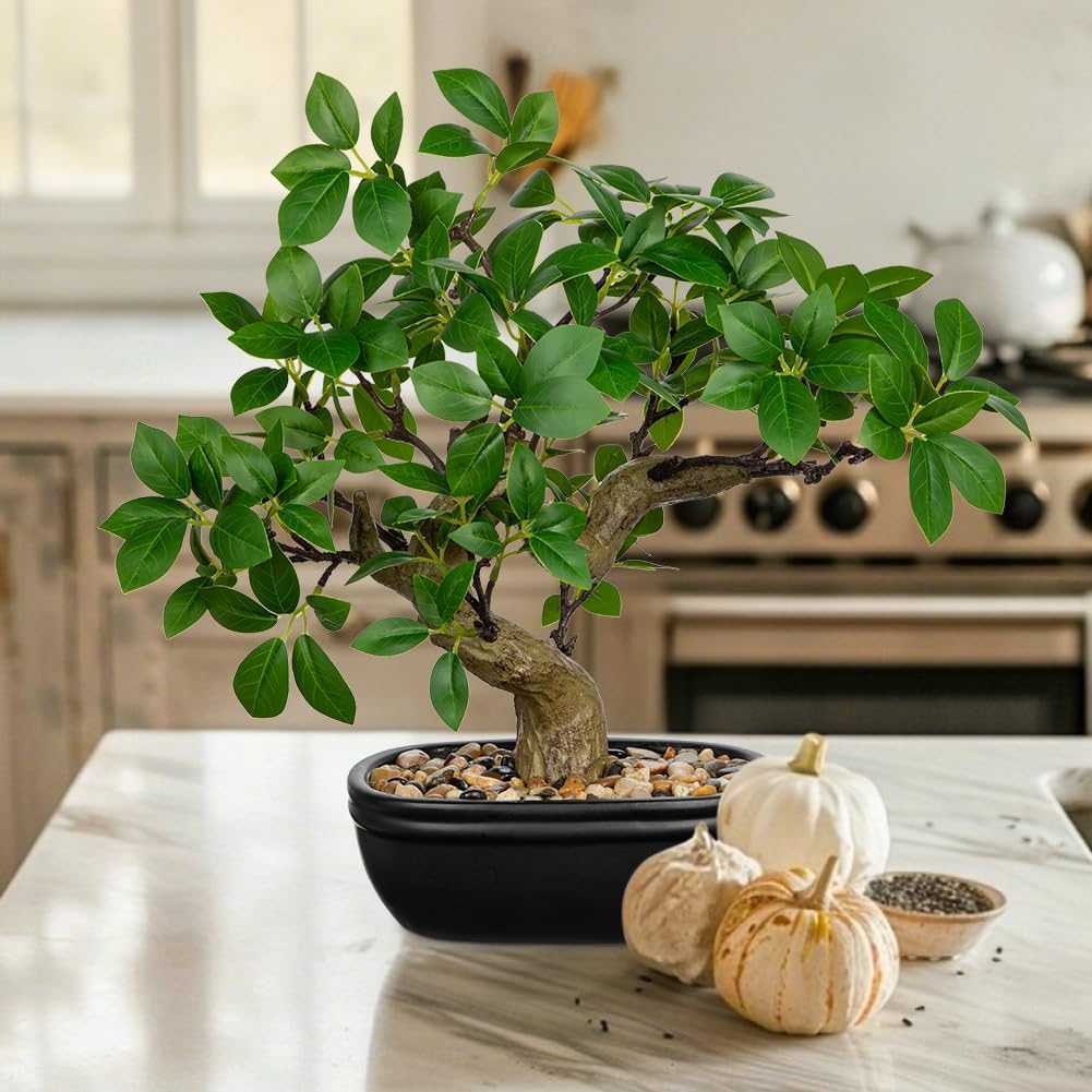 Artificial Bonsai Tree 12.9 Inch Faux Ficus Plant in Ceramic Pot with Pebbles Fake Green Potted Plant for Home Office Desk Decor Indoor Zen Table Centerpiece, Small Artificial Plants for Living Room