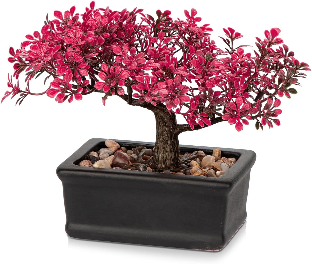 Artificial Bonsai Tree 12.9 Inch Faux Ficus Plant in Ceramic Pot with Pebbles Fake Green Potted Plant for Home Office Desk Decor Indoor Zen Table Centerpiece, Small Artificial Plants for Living Room