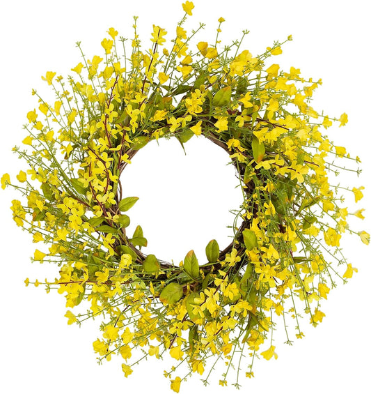 20 Inch Farmhouse Spring Wreath for Front Door - Artificial Yellow Forsythia Wreath with Berries & Green Leaves, All Seasons Indoor Outdoor Decor for Porch, Wall, Easter & Summer