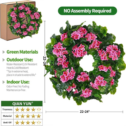 Spring Pink Wreath 24” – Floral Decor with Geranium Flowers for Front Door, Entry, Porch Display, Easter, Thanksgiving, Christmas