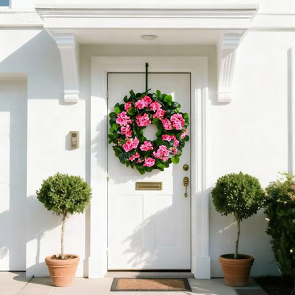 Spring Pink Wreath 24” – Floral Decor with Geranium Flowers for Front Door, Entry, Porch Display, Easter, Thanksgiving, Christmas