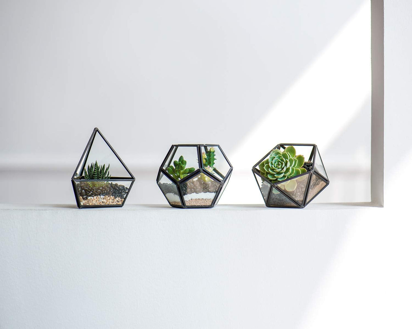 3 Pack Geometric Glass Terrarium, 4" Gold Air Plant Holder Tabletop | Modern Centerpiece Decor, 3 Shapes Metal Frame, Fits Succulent Moss Fairy Garden Shelf Coffee Table, Plants Not Included