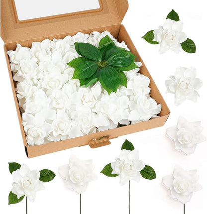 25pcs Fake Gardenia White Artificial Flowers, Real Looking Gardenia Flowers with Stems Wedding Flowers for DIY Wedding Bouquet Bridal Shower Party Home Centerpieces Floral Arrangements