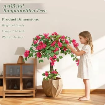 3FT Artificial Bougainvillea Tree with Realistic Pink Silk Flowers, Tall Faux Flowering Plant in Pot for Indoor Outdoor Home, Living Room, Porch, Patio Decor