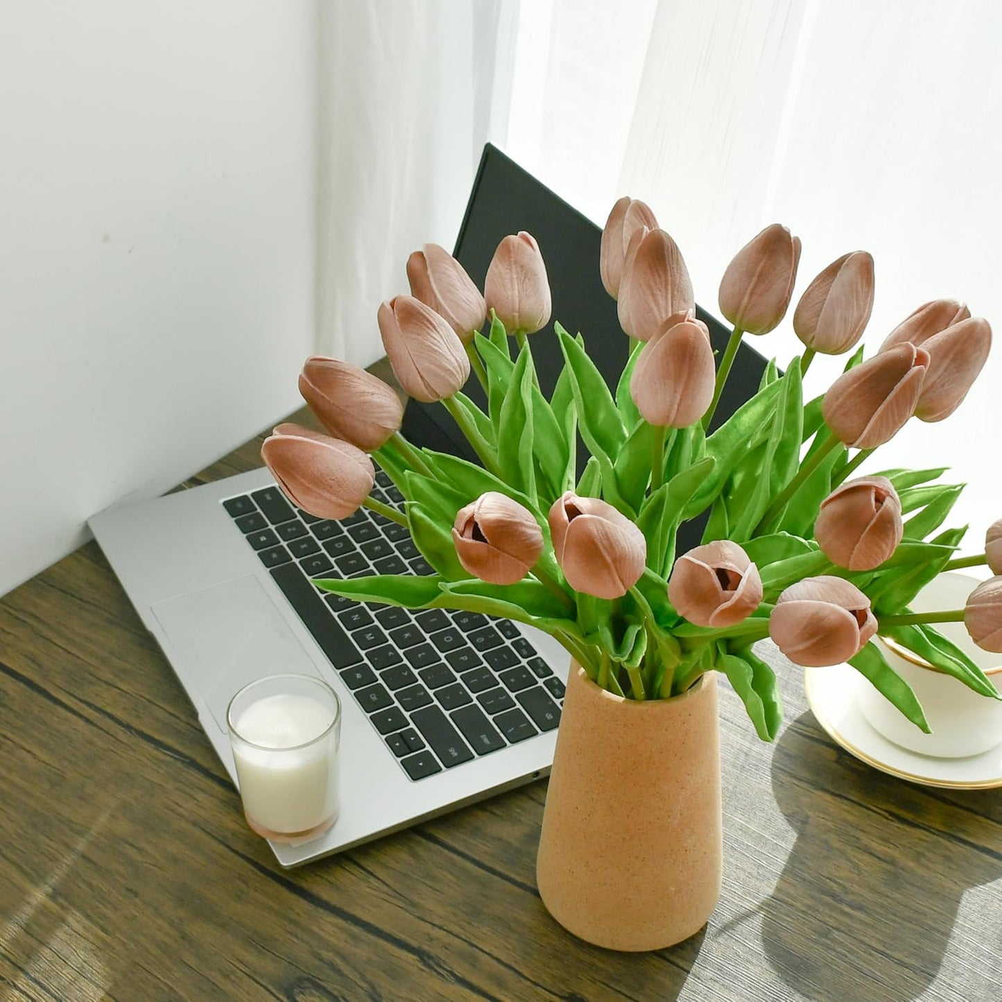 Artificial White Tulips 20 Pcs – 13.5 Inch PU Faux Flowers with Bendable Stems for Home Décor, Wedding Centerpieces, DIY Floral Arrangements, New Year and Valentine's Day