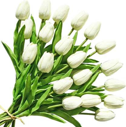 Artificial White Tulips 20 Pcs – 13.5 Inch PU Faux Flowers with Bendable Stems for Home Décor, Wedding Centerpieces, DIY Floral Arrangements, New Year and Valentine's Day