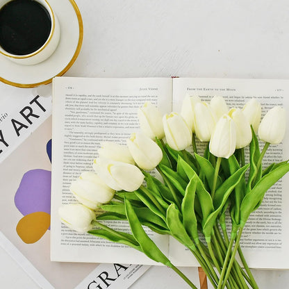 Artificial White Tulips 20 Pcs – 13.5 Inch PU Faux Flowers with Bendable Stems for Home Décor, Wedding Centerpieces, DIY Floral Arrangements, New Year and Valentine's Day
