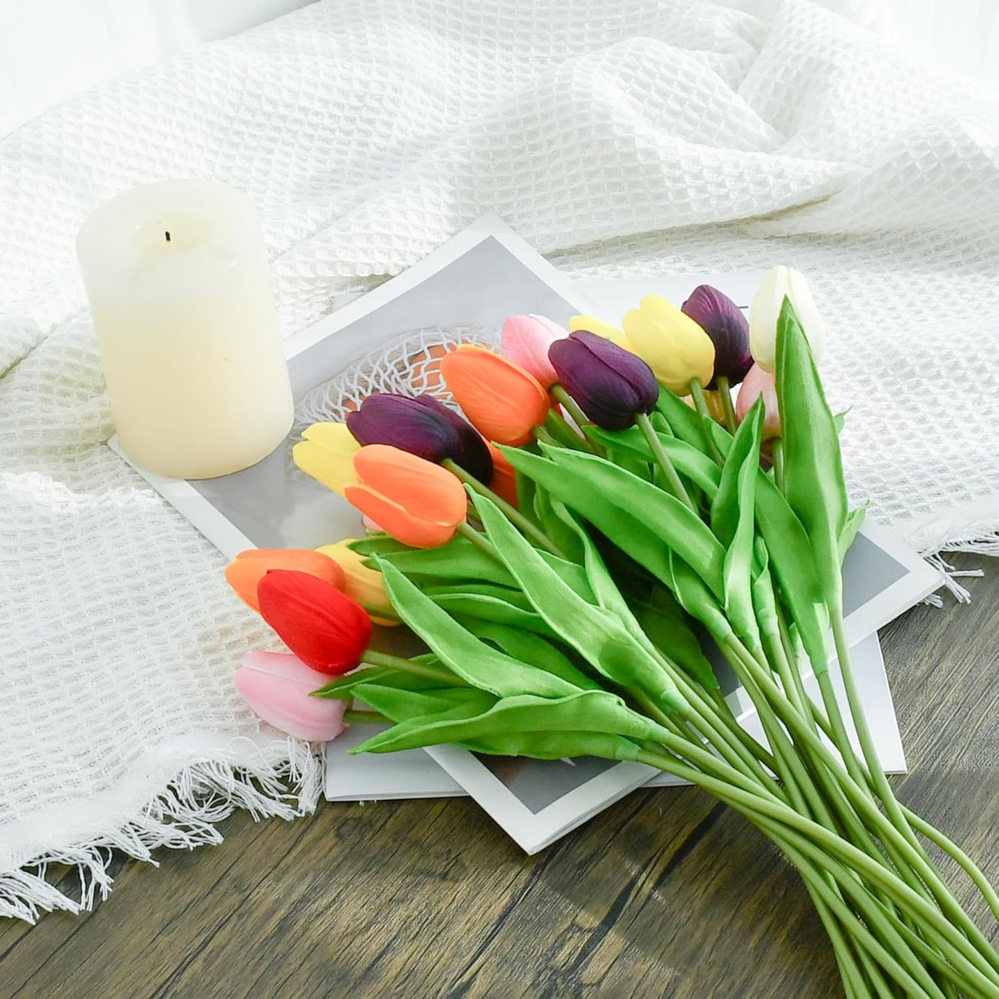 Artificial White Tulips 20 Pcs – 13.5 Inch PU Faux Flowers with Bendable Stems for Home Décor, Wedding Centerpieces, DIY Floral Arrangements, New Year and Valentine's Day