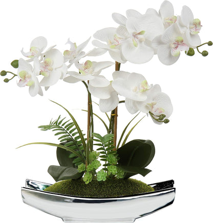 15" White Faux Orchid Arrangement in Silver Boat Pot Table Decor | Real Touch Phalaenopsis Flowers with Moss for Table Centerpiece Office Desk Bathroom Vanity Living Room Decor