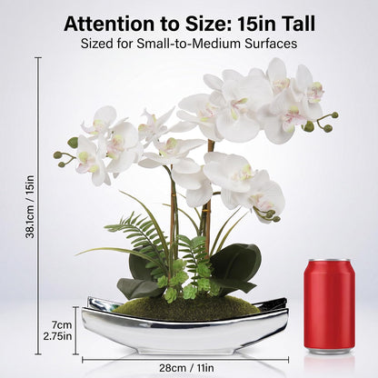 15" White Faux Orchid Arrangement in Silver Boat Pot Table Decor | Real Touch Phalaenopsis Flowers with Moss for Table Centerpiece Office Desk Bathroom Vanity Living Room Decor