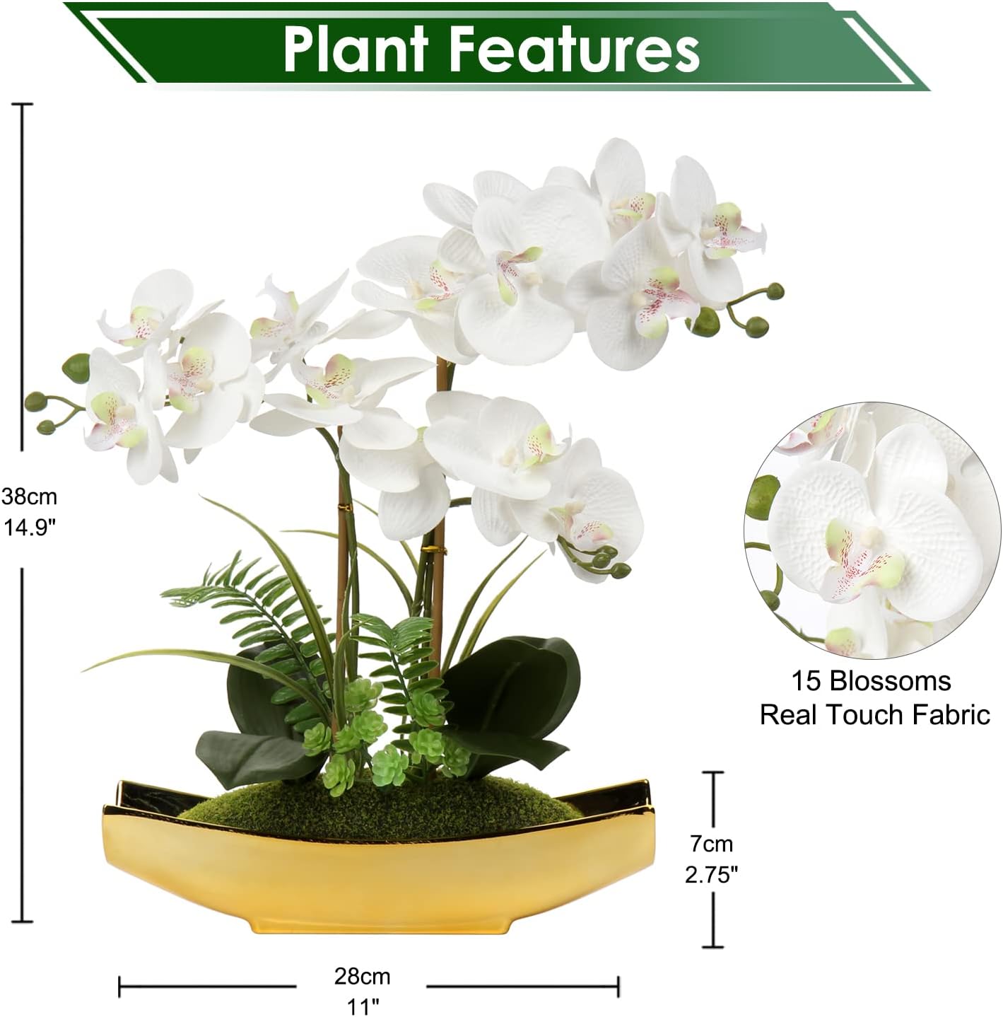 15" White Faux Orchid Arrangement in Silver Boat Pot Table Decor | Real Touch Phalaenopsis Flowers with Moss for Table Centerpiece Office Desk Bathroom Vanity Living Room Decor
