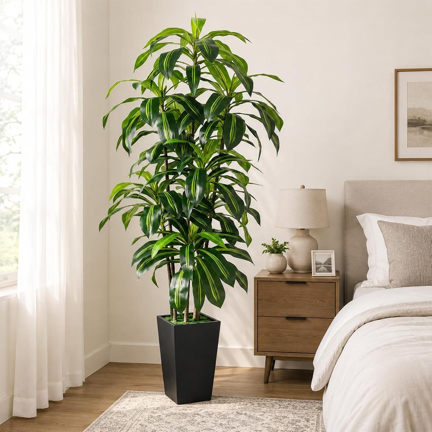 7FT Artificial Dracaena Tree, Fake Tree Indoor with Black Tall Planter,Tall Artificial Plants Indoor,Artificial Silk Tree for Home Office Decor (Black)