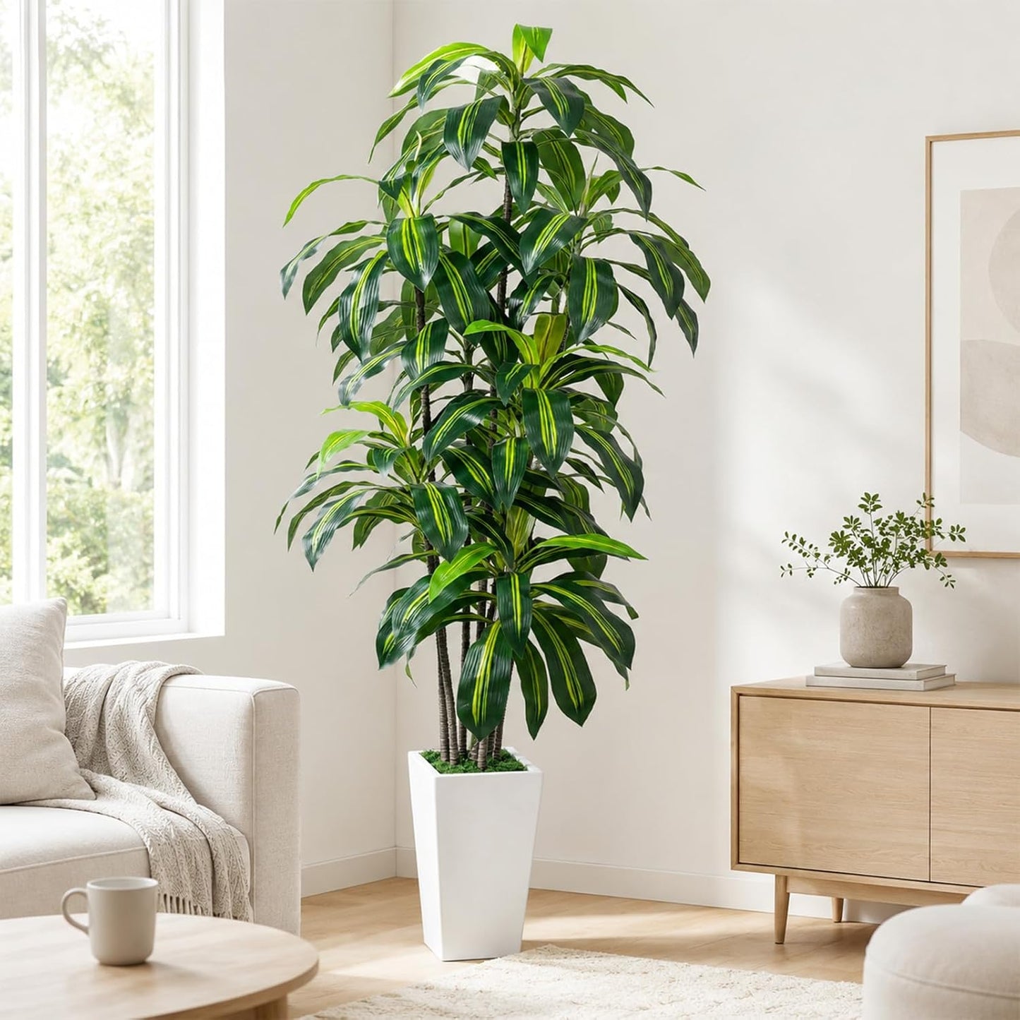 7FT Artificial Dracaena Tree, Fake Tree Indoor with Black Tall Planter,Tall Artificial Plants Indoor,Artificial Silk Tree for Home Office Decor (Black)