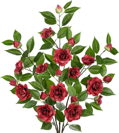 35.4" Red Artificial Flowers Stems Real Touch Fake Camellia Fade Resistant, 3Pcs Realistic Faux Camellia Silk Flowers for Floral Arrangements, Table Centerpieces, Wedding, Living Room, Entryway Decor