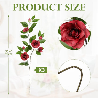 35.4" Red Artificial Flowers Stems Real Touch Fake Camellia Fade Resistant, 3Pcs Realistic Faux Camellia Silk Flowers for Floral Arrangements, Table Centerpieces, Wedding, Living Room, Entryway Decor