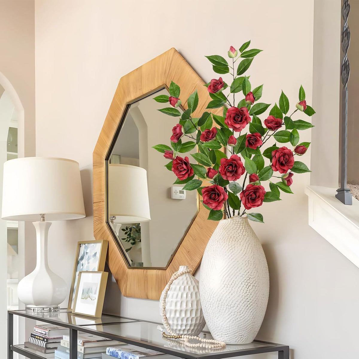 35.4" Red Artificial Flowers Stems Real Touch Fake Camellia Fade Resistant, 3Pcs Realistic Faux Camellia Silk Flowers for Floral Arrangements, Table Centerpieces, Wedding, Living Room, Entryway Decor