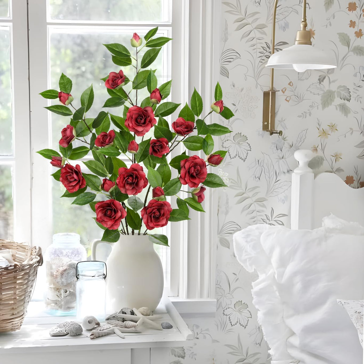 35.4" Red Artificial Flowers Stems Real Touch Fake Camellia Fade Resistant, 3Pcs Realistic Faux Camellia Silk Flowers for Floral Arrangements, Table Centerpieces, Wedding, Living Room, Entryway Decor
