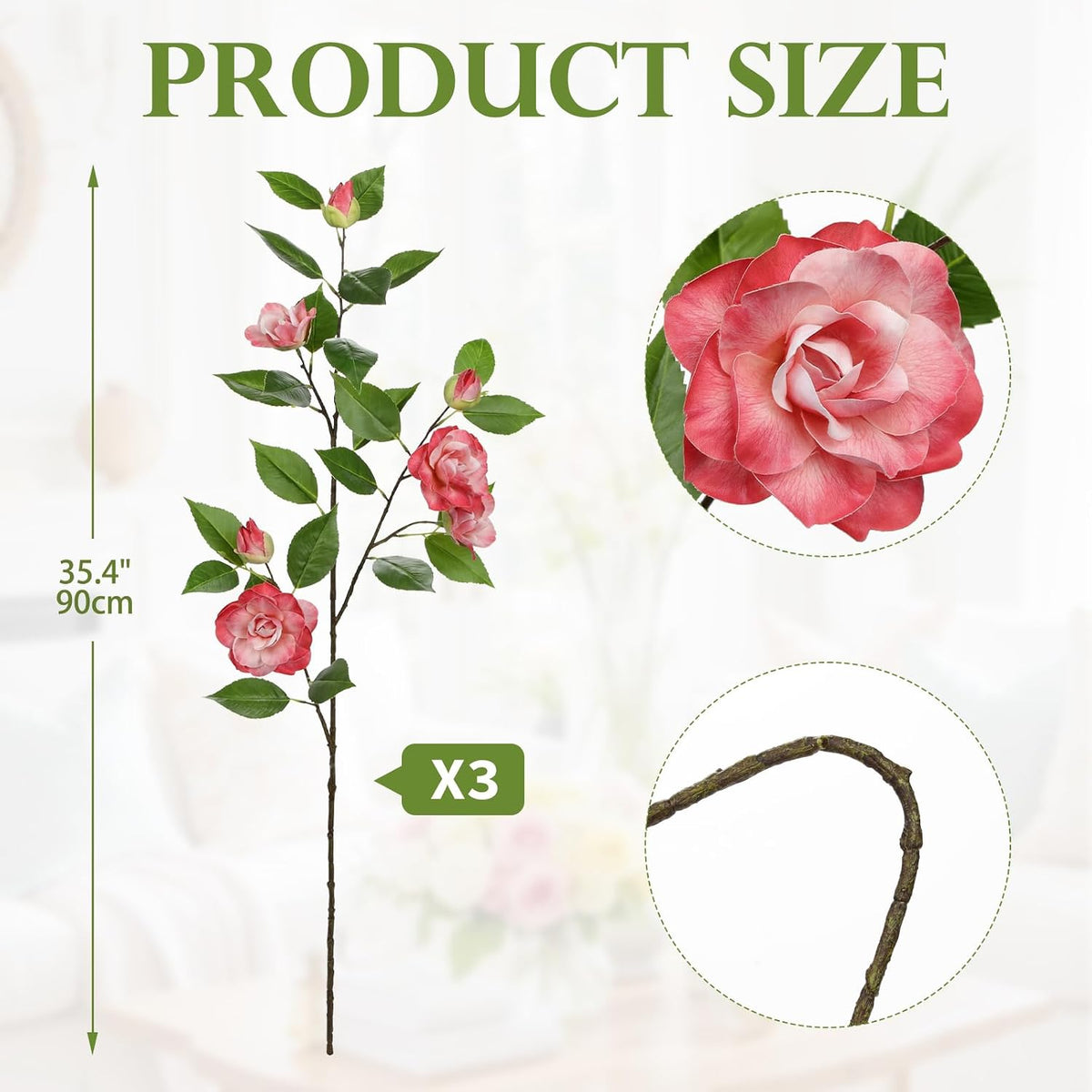 35.4" Red Artificial Flowers Stems Real Touch Fake Camellia Fade Resistant, 3Pcs Realistic Faux Camellia Silk Flowers for Floral Arrangements, Table Centerpieces, Wedding, Living Room, Entryway Decor