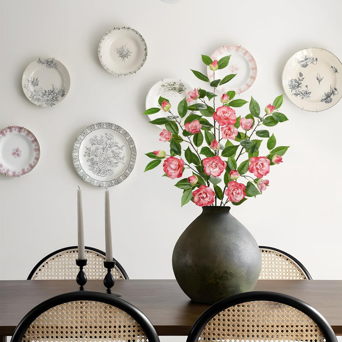 35.4" Red Artificial Flowers Stems Real Touch Fake Camellia Fade Resistant, 3Pcs Realistic Faux Camellia Silk Flowers for Floral Arrangements, Table Centerpieces, Wedding, Living Room, Entryway Decor