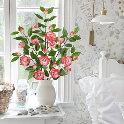 35.4" Red Artificial Flowers Stems Real Touch Fake Camellia Fade Resistant, 3Pcs Realistic Faux Camellia Silk Flowers for Floral Arrangements, Table Centerpieces, Wedding, Living Room, Entryway Decor