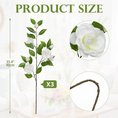 35.4" Red Artificial Flowers Stems Real Touch Fake Camellia Fade Resistant, 3Pcs Realistic Faux Camellia Silk Flowers for Floral Arrangements, Table Centerpieces, Wedding, Living Room, Entryway Decor