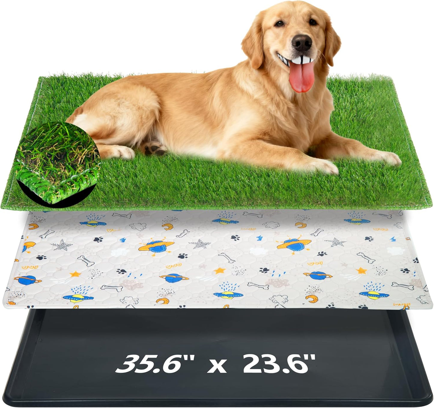 Reusable Dog Loo System with Artificial Grass Turf&Pee Pads&Tray, for Puppy Potty Training is Portable&Easy to Clean,35x23in Large Dog Litter Box Toilet for Indoor/Outdoor use（Extra Large）