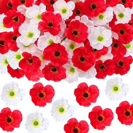 Set of 60 Red, White Poppy Artificial Flowers Silk Fake Poppies Heads with 5.9 inch Flower Branch Remembrance Memorial Veterans Day Decor Bulk Party Halloween Wedding Bouquet DIY