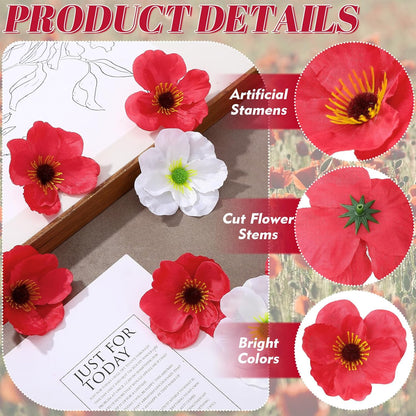 Set of 60 Red, White Poppy Artificial Flowers Silk Fake Poppies Heads with 5.9 inch Flower Branch Remembrance Memorial Veterans Day Decor Bulk Party Halloween Wedding Bouquet DIY